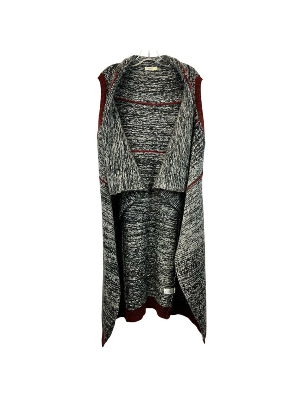 Hazel Womens Cardigan Gray Marled Sleeveless Open Front Red Trim Duster Small
